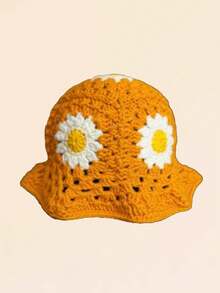 1pc Women's Handmade Crochet Hat With Sunflower Pattern Decor, Colorful Contrast Crochet Bucket Hat For Outdoor Travel, Cute & Sweet Style - Orange - View 3