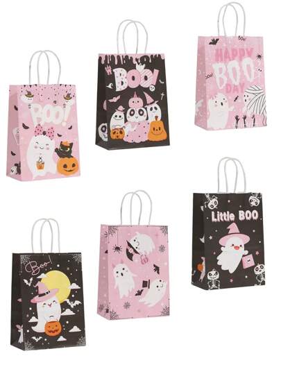 6/12/24 piezas Bolsas de papel rosadas con tema de Halloween, bolsas de papel kraft con estampado de fantasmas, envases para alimentos de panadería, bolsas para decoración de fiesta de Halloween, regalos de cumpleaños, apropiadas para embalaje minorista y bolsas de dulces para fiestas de Halloween