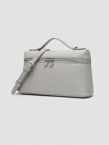1 pieza Bolso cuadrado de hombro de piel de PU de grano de litchi de unicolor, bolso de mano pequeño para mujeres, adecuado para atuendo de moda diaria y salidas - Gris Claro - Ver 3