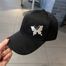 [Elegant | Rhinestone] Lightweight Breathable Polyester Elegant Rhinestone Butterfly Baseball Cap For Women | Adjustable Fit, Lace Print | Perfect For Spring & Summer, Valentine's Day - 黑色C - 查看 1