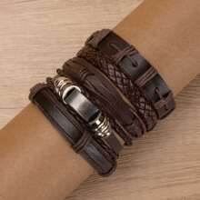 5pcs/6pcs Vintage Minimalist PU Leather Handmade Braided Bracelet Set, Suitable For Men And Women Everyday Wear