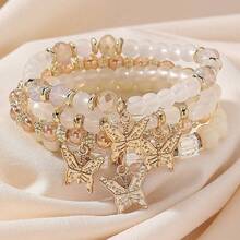 4pcs/Set Bohemia Style Handmade Glass Beads Floral Butterfly Charm Stretch Bracelet Set For Women, Great For Beach Idea For Vacation, Casual, Party, Daily Wear - 白色 - 查看 3