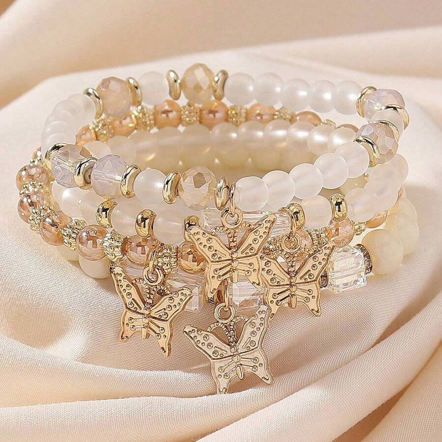4pcs/8pcs Bohemia Style Handmade Glass Beads Floral Butterfly Charm Stretch Bracelet Set For Women, Great For Beach Idea For Vacation, Casual, Party, Daily Wear - 白色 - 查看 1