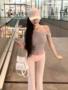 1 件女式休闲不对称领口短袖短款上衣，合身 - 灰色 - 查看 3