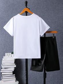 2 pièces/Set Tenue de sport pour adolescents garçons, t-shirt à manches courtes et short de course - Noir et Blanc - Voir 2