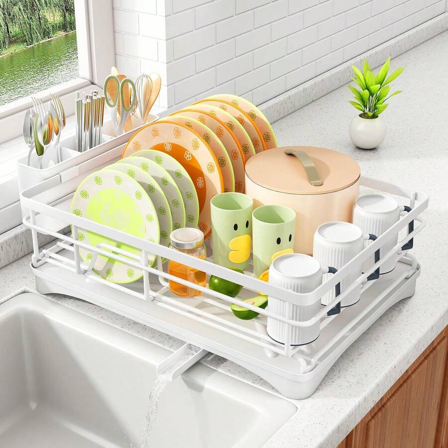 Escurreplatos - Escurreplatos de acero inoxidable para encimera de cocina, secaplatos de gran capacidad con soporte para cubiertos, organizador de cocina para platos, cucharas y tenedores, color blanco - Blanco - Ver 1