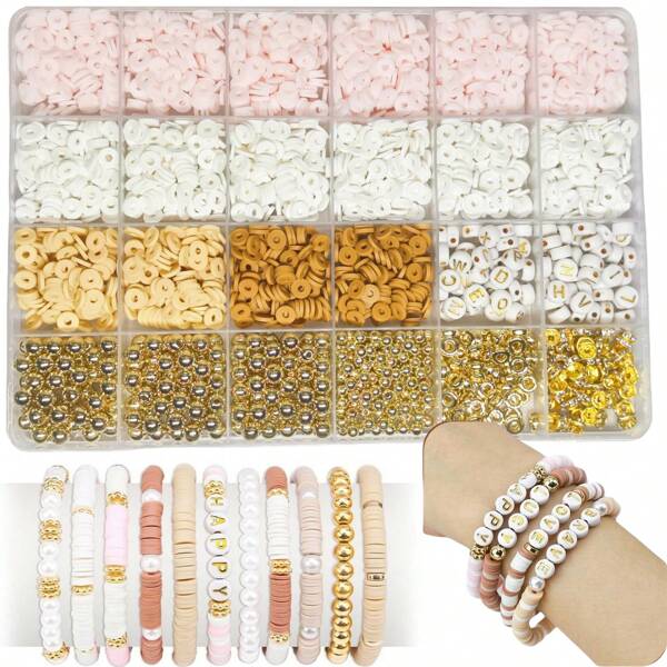 1 Set Fashion Jewelry Kit - Flattened Polymer Soft Clay Bead Bracelet Making Set, DIY Beaded Friendship Bracelet Kit With Golden Letter Beads, Suitable For Bracelet, Christmas Gift, Women, Teens, Girls Charm Present