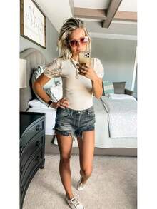 MIRALUNA Women's Round Neck Slimming Mesh Puff Sleeve Bodysuit Blouse Casual Ribbed Knit Jumpsuit Shirts Tops - Màu be - Xem 5