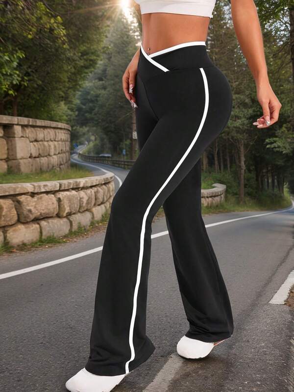 High Waist Flared Pants For Women - Cross Waistband, White Trim, Lifting Butt, Comfort Yoga Running Gym, Daily Wear Office, Bootcut Tummy Control Fitness Pants