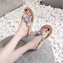 Chanclas mujeres tejen zapatillas de paja de verano y usan zapatos de playa con la playa y flores versión coreana. - Rosa - Ver 2