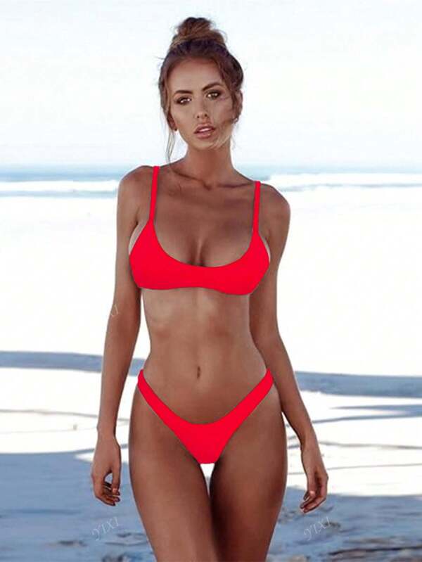 Women'sSeparated Bandeau Bikini 2 Pieces Set, Sexy Solid Color Triangle Briefs With Back Hook Adjustable Straps, Summer Swimsuit