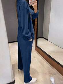 两件套女士休闲针织开衫外套和抽绳裤套装 - 藏蓝色 - 查看 3