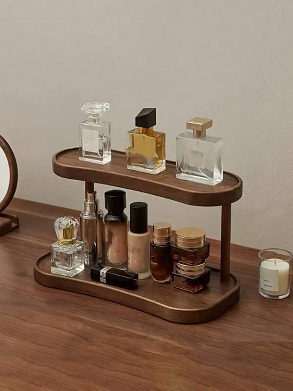 2 Tier Walnut Countertop Organizer, Elegant Storage Shelf For Cosmetics, Fragrances And Skincare, Perfect For Bathrooms, Kitchens And Desks With Separate Enclosed Storage Shelves