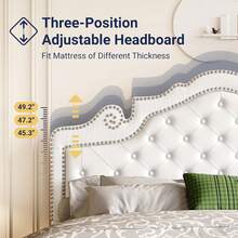 Estructura de cama tamaño completo con cabecero de terciopelo ajustable tipo tiara, cama de plataforma tapizada con botones de diamante acolchados, soportada por listones de madera, sin necesidad de caja de resortes, color blanco - Blanco - Ver 6