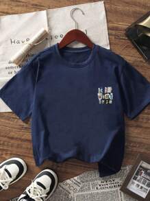 Tween Boys' Letter Print Casual Navy Blue Crew Neck Short Sleeve T-Shirt, New Summer Season 1pc Top