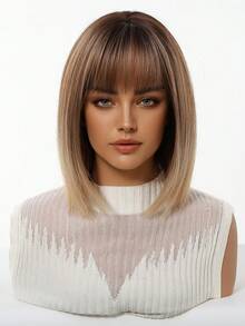 12英寸渐变棕黑金假发，女士短直波波头刘海造型，耐热合成纤维假发，时尚百搭，适合女性和女孩日常佩戴、参加派对、角色扮演、摄影等场合。 - 漸層 - 查看 3