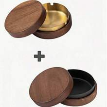 2 件胡桃木和不锈钢烟灰缸，圆形桌面带盖烟灰缸，防滑底座，防尘防风，便携，可拆卸，易于清洁，优雅的礼物，办公室和家庭的吸烟配件