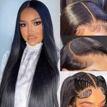 QVR QUEEN VIRGIN REMY QVR 180% Mật độ 22 inch Tóc người dài thẳng 13x7 Tóc giả ren phía trước Phần miễn phí Cắt sẵn Phần nhổ sẵn Tóc giả đóng ren tối đa Đường chân tóc tự nhiên Tóc giả không keo dành cho phụ nữ - Natural Black - Xem 8