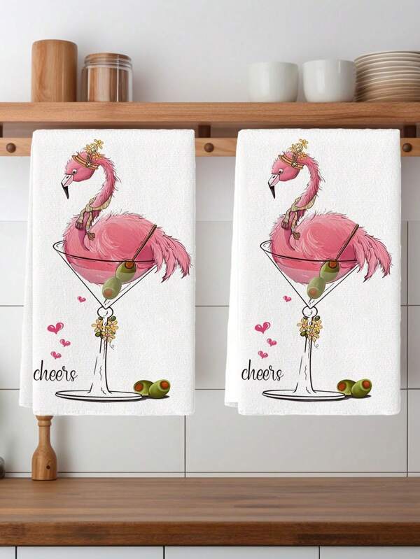 2 Pcs Watercolor Pink Flamingo Kitchen Towels Dish Towels Kitchen Drying Washing And Drying Dishes