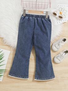 Girls Casual Washed Blue Denim Flare Pants With Shell Embroidery, Versatile Trousers Suitable For Girls All Seasons