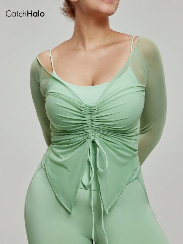 Catch Halo 1PC Seafoam Green Plus Size Sport Shirt Women Sexy Sheer Cover Up Adjustable Drawcord Breathable Mesh Flowy Fit Sun Protection Top For BBW Running