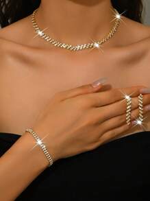 Women Luxury Fashion Jewelry 4-Piece Set: Rhinestone Earrings + Necklace + Bracelet, Elegant & Generous Jewelry Suit, Suitable For Wedding, Party, Gift For Holidays