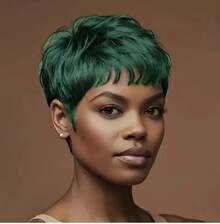 Peluca de pelo negro corto sintético, peluca de corte Pixie para flequillo, peluca corta Fak para mujer, peluca de de pelo corto KHQW - Verde - Ver 6