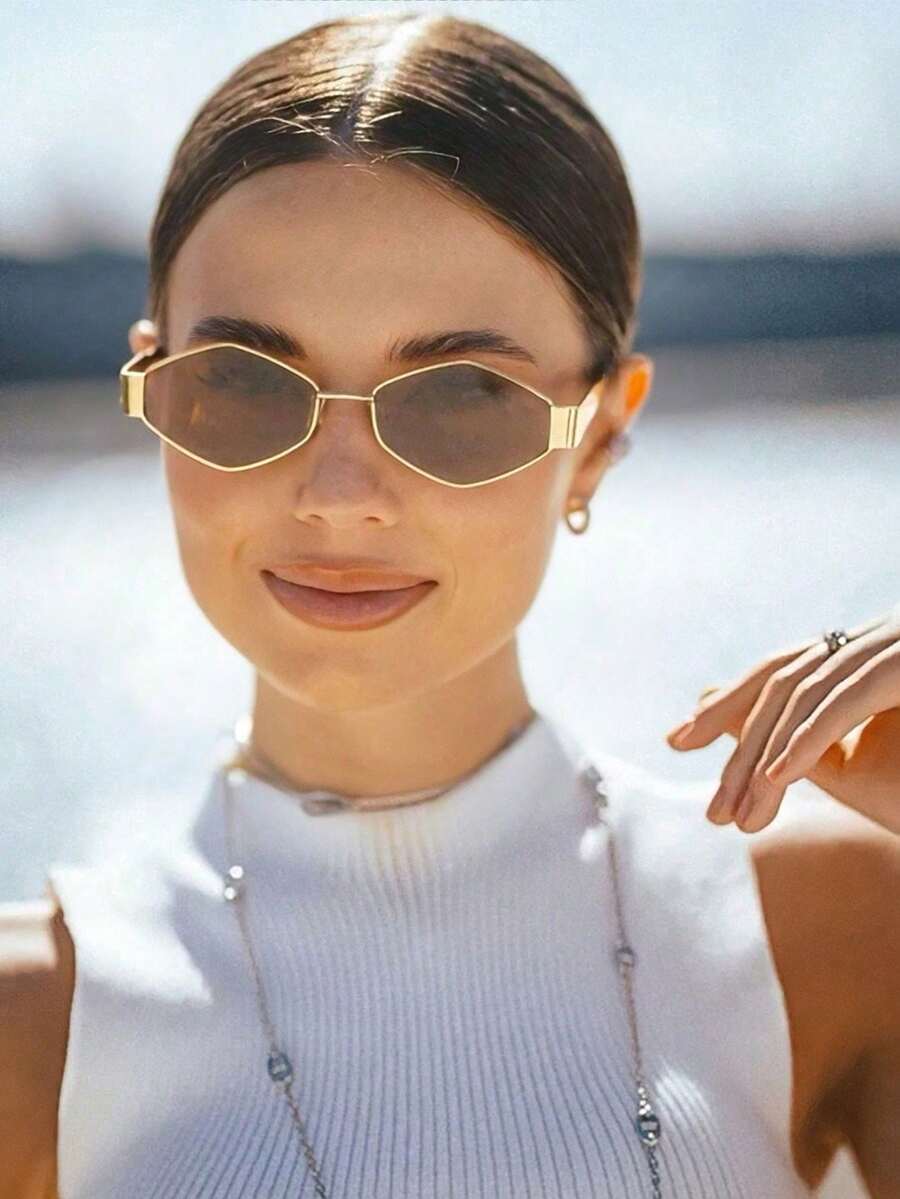 1pc Rhombus Shaped Metal Small Frame Y2K Fashion Fashion Glasses Geometric Shape Shades - Brown - View 1