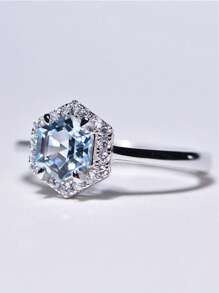 1pc S925 Sterling Silver Sky Blue Topaz Hexagon Ring, Hypoallergenic, Adjustable Size, Suitable For Party, Music Festival, Valentine's Day Gift, Elegant Bohemian Rose Design, Timeless