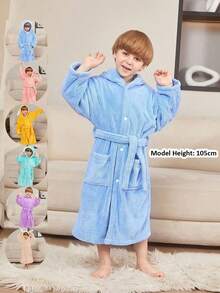 1件珊瑚绒卡通长耳兔连帽浴袍，适合5岁以下儿童，衣长70厘米，儿童睡衣，男女童家居服，带腰带和口袋，速干不掉毛，多种颜色可选，适合酒店、家庭、卧室、游泳池、节日礼物、返校礼物、浴室、情人节礼物 - 彩色 - 查看 2