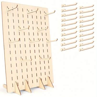 Estante de exhibición de tablero de clavijas de madera portátil con 20 piezas de clavijas de madera compatibles, estante de exhibición de joyas para collares, aretes, llaveros, adecuado para joyas, exhibición de manualidades, herramientas, organizador de accesorios de tablero de clavijas