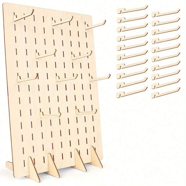 Portable Wooden Pegboard Display Rack With 20pcs Compatible Wooden Pegs, Jewelry Display Rack For Necklaces, Earrings, Keychains, Suitable For Jewelry , Handicrafts Exhibition, Tool, Pegboard Accessory Organizer
