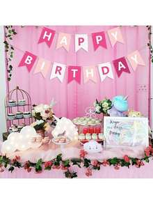 1 Set Pink Happy Birthday Paper Pennant Flag, Modern White Letter Graphic Hanging Flag Decor, Suitable For Birthday Party, Pink Party, Butterfly Party, Princess Party, Unicorn Party - Multicolor - View 3