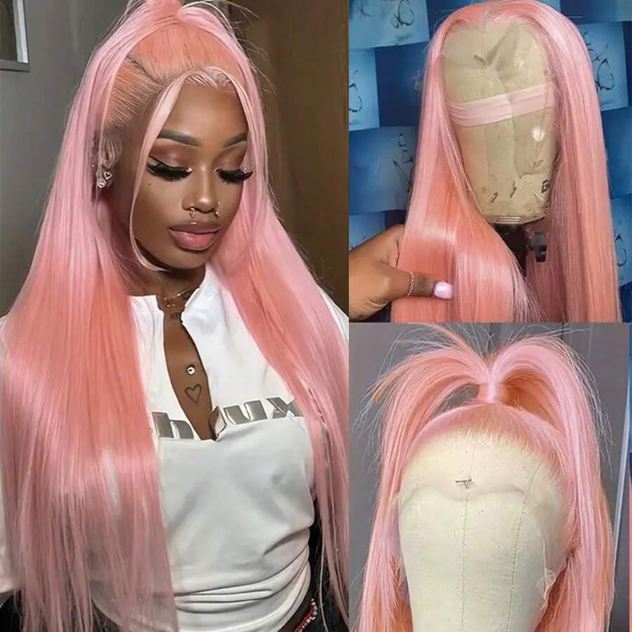 13X6 Free Part Platinum Blonde Lace Front Wigs 28 Inch Pre Plucked Long Straight Hair Wigs Glueless Soft Ash Blonde Colored Wigs Heat Resistant Fiber Hair Synthetic Lace Front Wigs For Women For Daily Christmas Party Cosplay Use - Màu Hồng baby - Xem 1