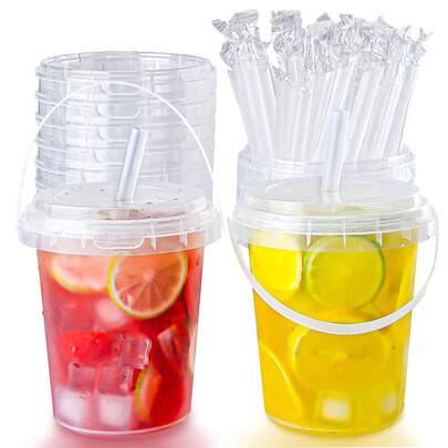 5/10sets33.81 Ounce Large Plastic Cups With LIDS And Straws - Reusable, Bisphenol A-Free Drink Cups For Iced Drinks, Fruits, Ice Buckets - For Parties, Festivals And Daily Use