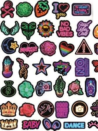 61pcs/Set Assorted Neon Glow Graffiti Stickers, Decals For Car, Motorcycle, Luggage, Cups, Laptop, Stationery, DIY Handmade Decorative Stickers