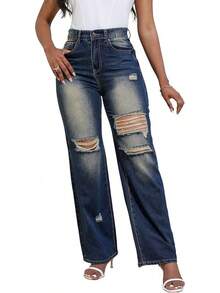 THUNDER Womens High Waisted Wide Leg Jeans Stretchy Distressed Pants - N Blue - View 4