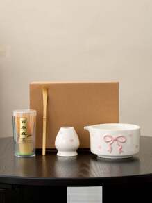 2 Stücke/3 Stücke/4 Stücke Multi-Farben geprägte Schleife & Herz Keramik Matcha Set, beinhaltet Matcha Schale, Matcha Pinsel, Matcha Tasse, Bambus Quirl & Löffel, Tee Zeremonie, Backwaren Herstellung, Getränke Werkzeugesets, japanischer Stil Geschenkbox, Song Dynastie Matcha Quirl Werkzeugesets, Feiertags Geschenkset