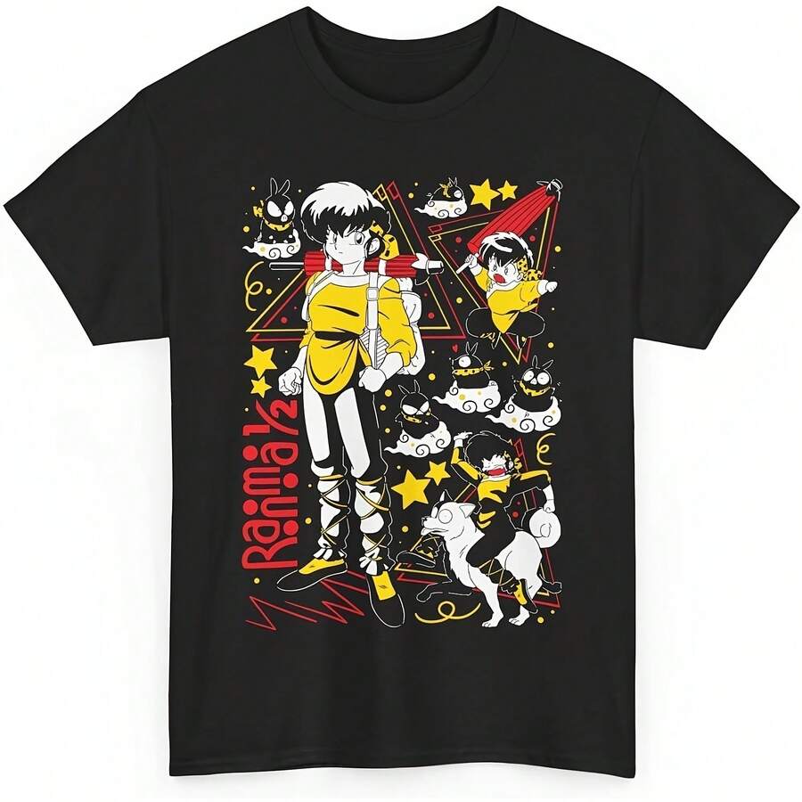 Ranma ½ -Shirt Anime Manga Merch Casual Short Sved Shirt Tee220g High-Quality Cotton -Shirt With Minimalist Printing,Soft And Breathable Fabric,Comfortable And Loose,Suitable All Day Wear,Suitable Office Casual Wear,Spring And Summer Daily Appearance,Elegant And Youthful Design Ropa De Hombre Suitable For Summer Wear, Printed Pattern Short Sleeves, Ladies' Tops, And Printed Short Sleeves. - Black 1 - View 1