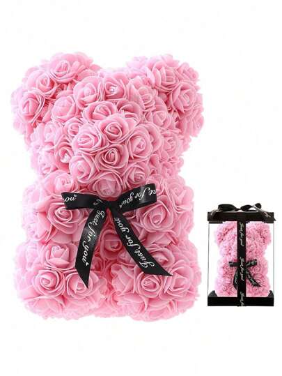 1PC Rose Bear Valentine's Day Mother's Day Best Gift For Friends' Wedding Anniversary Birthday Handmade Teddy Bear Cute And Romantic Eternal Flower Bear(NO Gift Box)