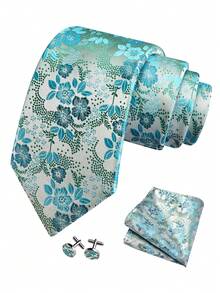 3 件套：8 厘米蓝绿色花卉领带、口袋巾、袖扣 - 高品质经典时尚商务休闲领带套装、男士婚礼配饰、家居/圣诞节/派对礼物 - 藍綠色 - 查看 2