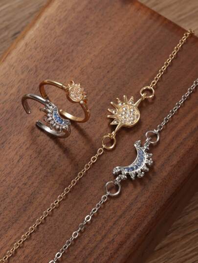 2 piezas Conjunto de joyería apilable Sol y Luna, Pulsera, Collar y Anillo decorados con Rhinestones de Sol y Luna, Diseño único adecuado como regalo para maestros, compañeros de clase