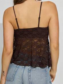 Women's Cropped Lace Vest Cami Tops Sleeveless Open Back Open Front Going Out Tops Tie Up Tank Tops - 巧克力棕 - 查看 3