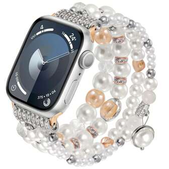 Bracelet de montre bohème en perles pour Apple Watch 38 mm, 40 mm, 41 mm, 42 mm, 44 mm, 45 mm, 46 mm, 49 mm - Bracelet élastique extensible pour femme - Design fait main en perles de cristal - Convient aux poignets de 5,5 à 7,3 pouces - Bracelet à la mode, mignon et confortable, accessoires exquis