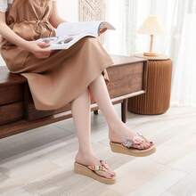 Chanclas mujeres tejen zapatillas de paja de verano y usan zapatos de playa con la playa y flores versión coreana. - Rosa - Ver 4