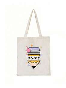 Pencil Print Polyester Custom Name Tote Bag - Casual Style, Lightweight, Open Closure, Fixed Shoulder Strap, Hand Washable, Daily Commute Bag With Printed Design, High-Capacity Travel Storage Bag