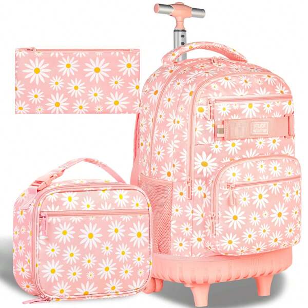 Girls Rolling Backpack, Girl Roller Bookbag With Lunch Box For Adults, Wheeled School Bag For College Teens Kids Travel - Pink Flowers