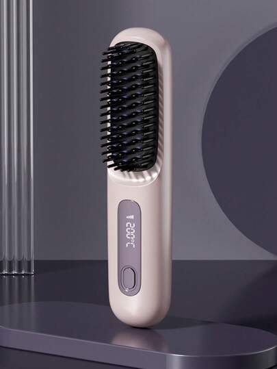 PinkSings Cordless Hair Straightener Brush With LCD Display Temperature Adjustable, Portable Mini Straightening Brush For Travel, Negative Ion Hot Comb For Women Styling Hair Styler, Anti-Scald, Ceramic Coating