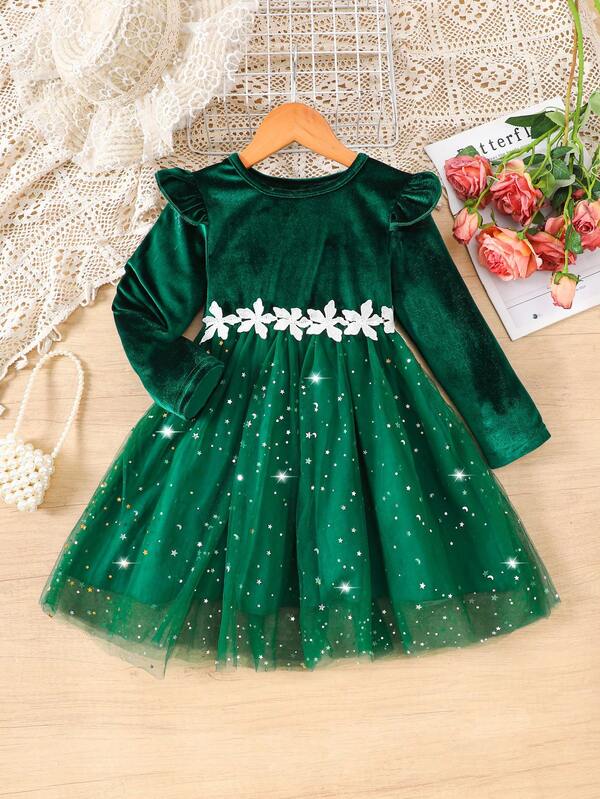 Girls' Long Sleeve Dress, Velvet Fabric With Tulle Patchwork, Snowflake Decor, Fit For 4-7 Years Old, Casual Style, Soft And Skin-Friendly, Daily Wear, Autumn/Winter
