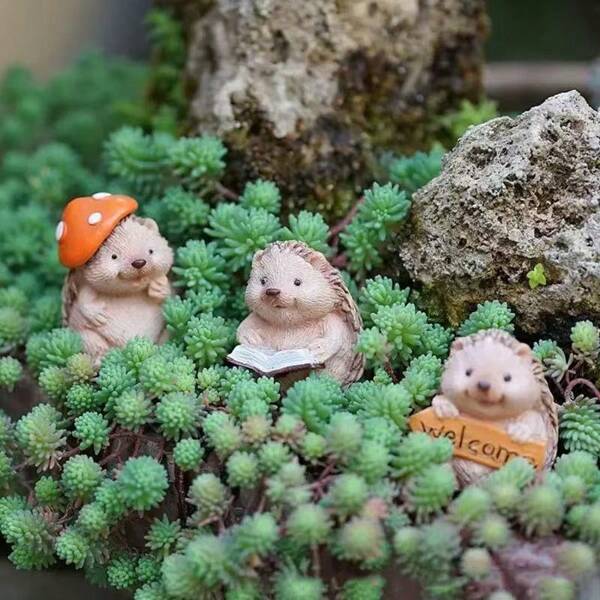 3pcs Cute Reading Hedgehog Resin Figurines, Decor For Succulent Planter, Miniature Ornament, Stress Relief & Healing